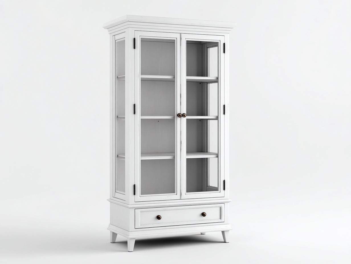 Bibliothèque - Bois-Verre-Métal - 88 x 43 x 180 cm - Blanc-Noir-Bronze - Style traditionnel