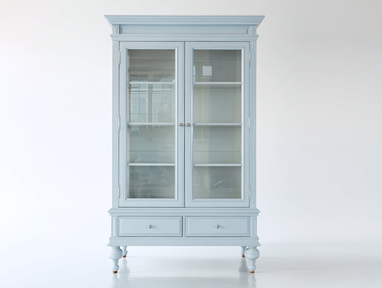 Bibliothèque-Bois-Verre-96x43x194 cm-Bleu gris clair-Style classique