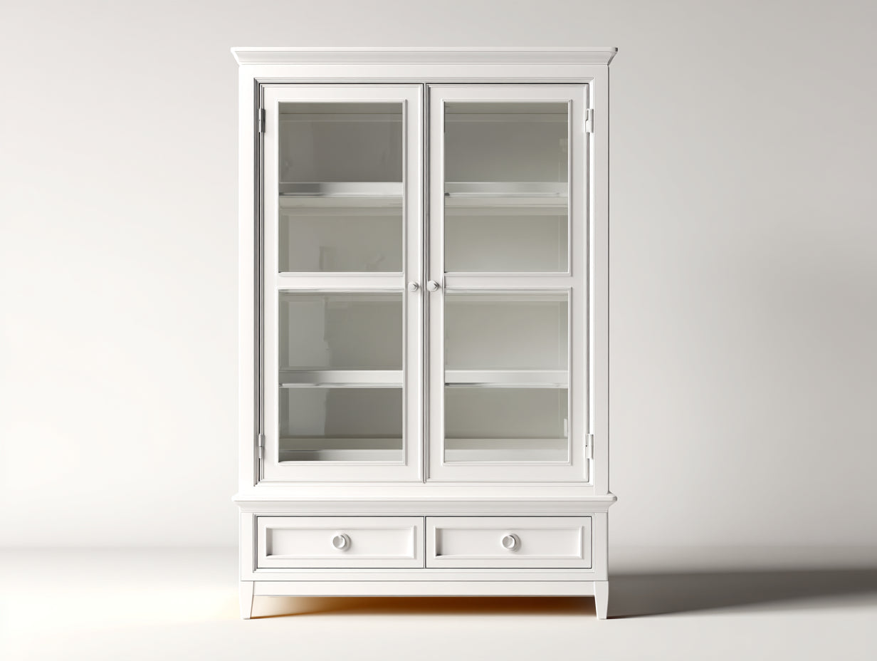 Bibliothèque - Bois-Verre-Métal - 104 x 41 x 184 cm - Blanc-Argenté - Style classique