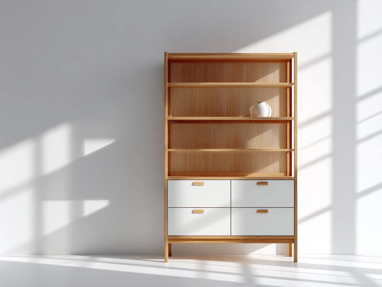 Bibliothèque-Bois-86x38x178 cm-Bois naturel-Blanc-Style scandinave