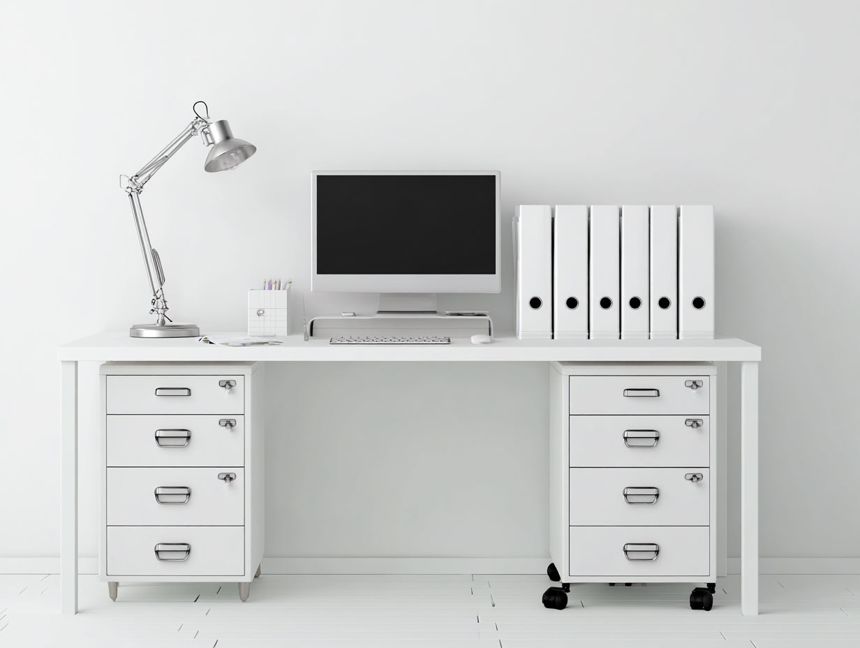 Bureau - Bois-Métal - 180 x 65 x 75 cm - Blanc-Argenté-Noir - Style professionnel