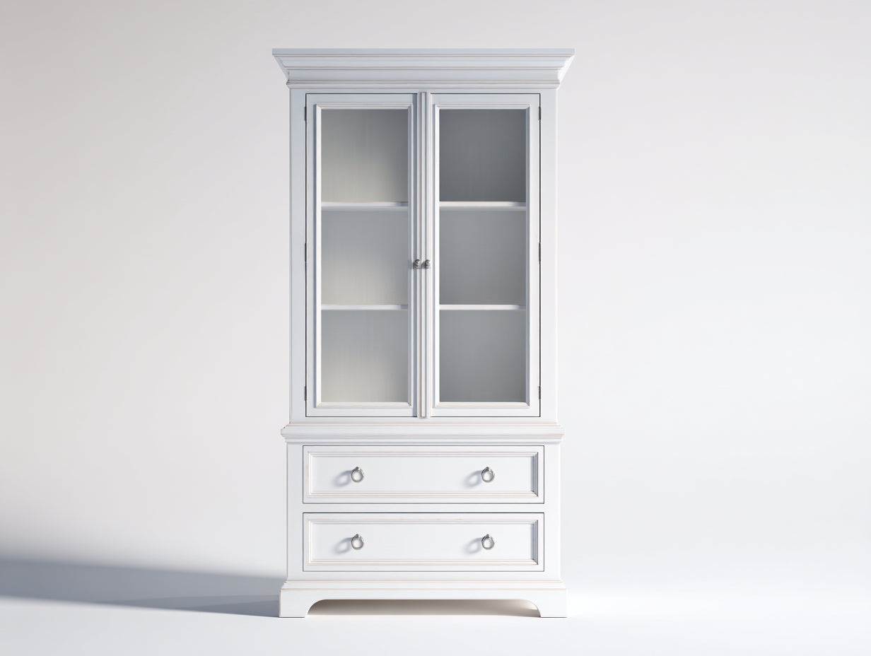 Bibliothèque - Bois-Verre-Métal - 82 x 40 x 186 cm - Blanc-Argenté - Style classique