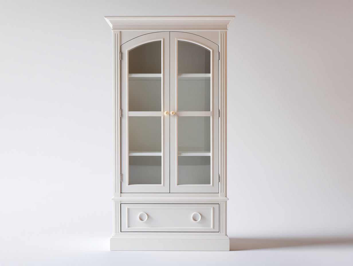 Bibliothèque - Bois-Verre-Métal - 84 x 39 x 181 cm - Blanc-Doré - Style classique