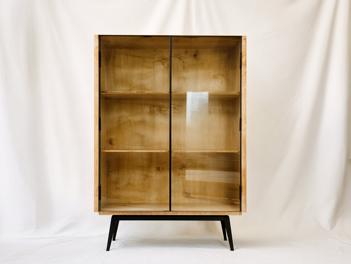 Bibliothèque - Bois-Verre-Métal - 96 x 40 x 156 cm - Chêne naturel-Noir - Style industriel