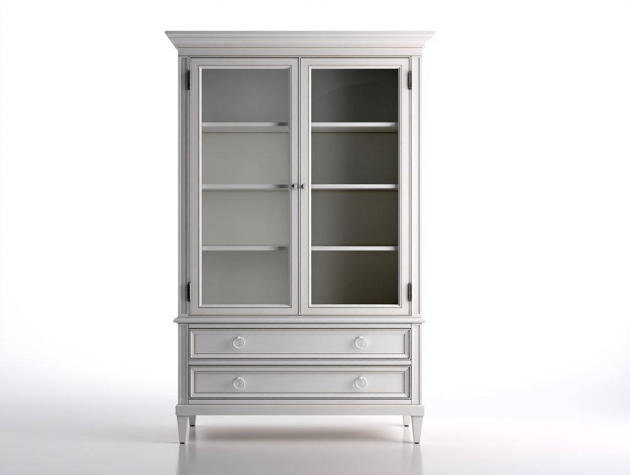 Bibliothèque - Bois-Verre-Métal - 94 x 42 x 188 cm - Blanc-Argenté - Style néoclassique