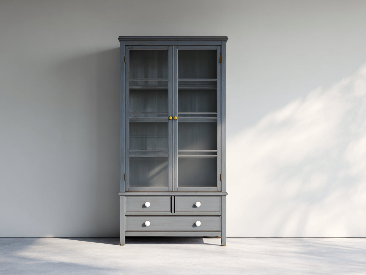 Bibliothèque-Bois-Verre-92x40x191 cm-Gris anthracite-Style classique